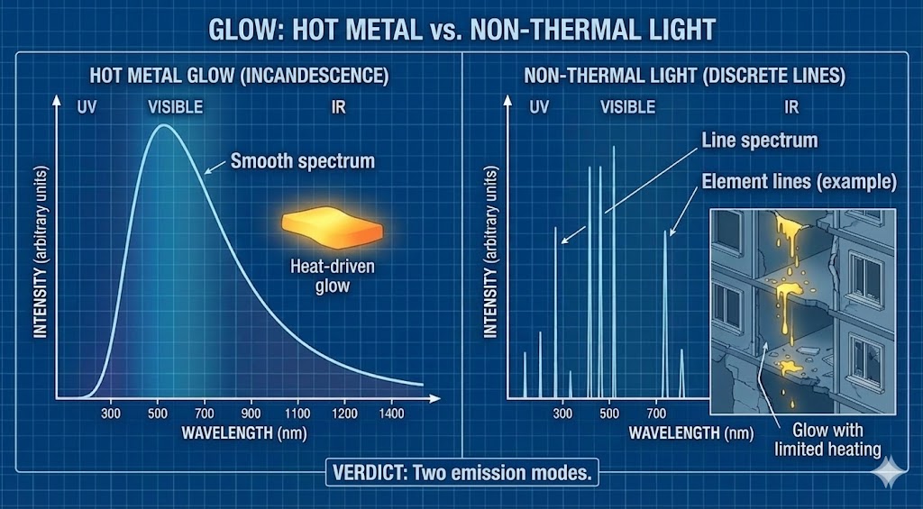Diagram 29. Analysis diagram showing anomalous luminosity and non-incandescent emission, demonstrating electroluminescence without commensurate collateral heating