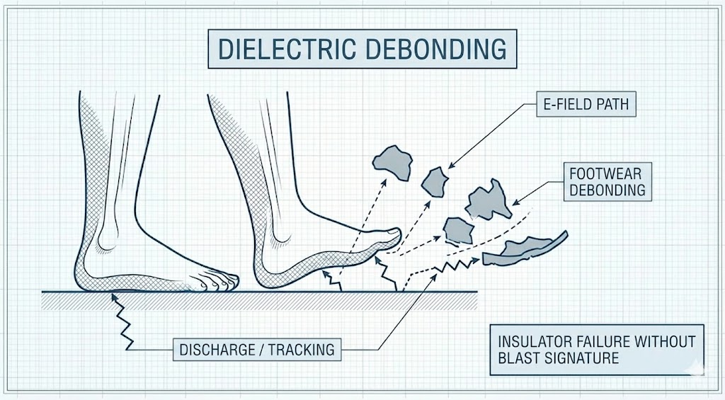 Diagram 9. Diagram showing dielectric breakdown and debonding of polymer materials, demonstrating Lichtenberg figures and electrical tracking patterns in rubber footwear