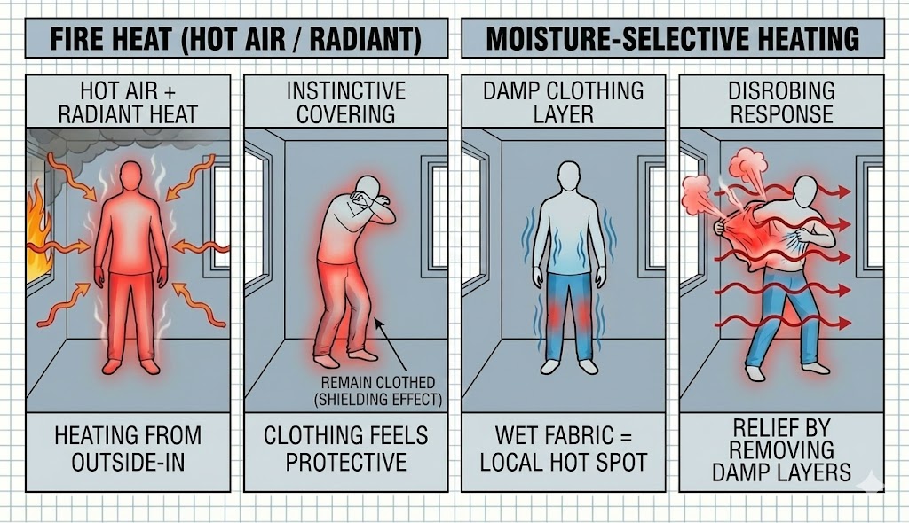 Schematic diagram illustrating disrobing anomaly and dielectric heating mechanism affecting moisture-bearing clothing