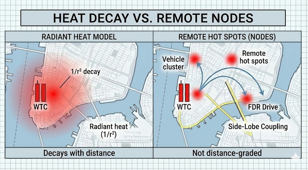 Diagram 23. Comparison diagram showing thermal heat decay with distance versus interferometric remote node coupling, demonstrating spatially displaced combustion at 0.5 miles