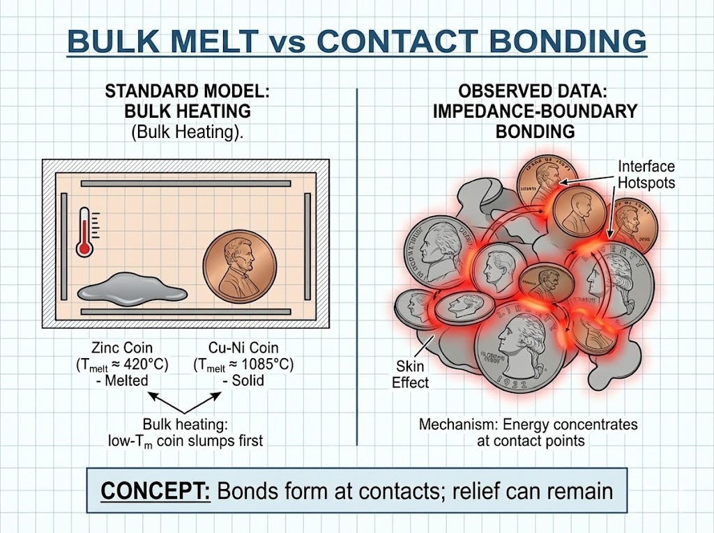 Diagram 17. Comparison diagram showing bulk melting with liquid flow patterns versus contact bonding with diffusion bond at impedance boundary, demonstrating selective conductive coupling