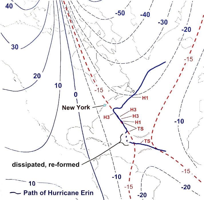 Figure 131. Magnetic declination map showing Hurricane Erin's path trending along isogonic geomagnetic contour geometry during synoptic trap.<br>- Image by National Geomagnetism Program