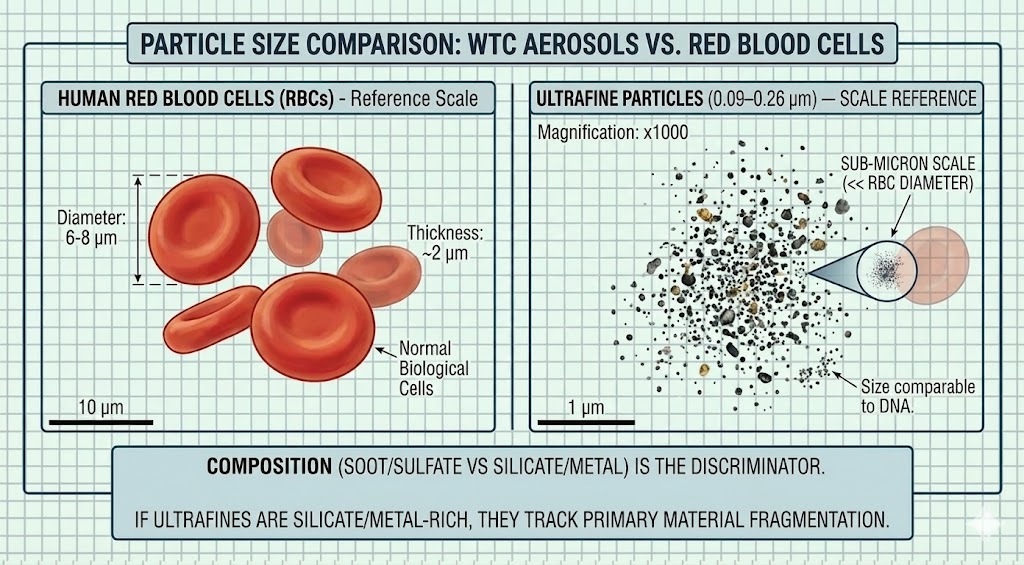 Additional analysis diagram showing composition analysis of ultrafine particles, demonstrating refractory silicates and metals rather than combustion aerosols