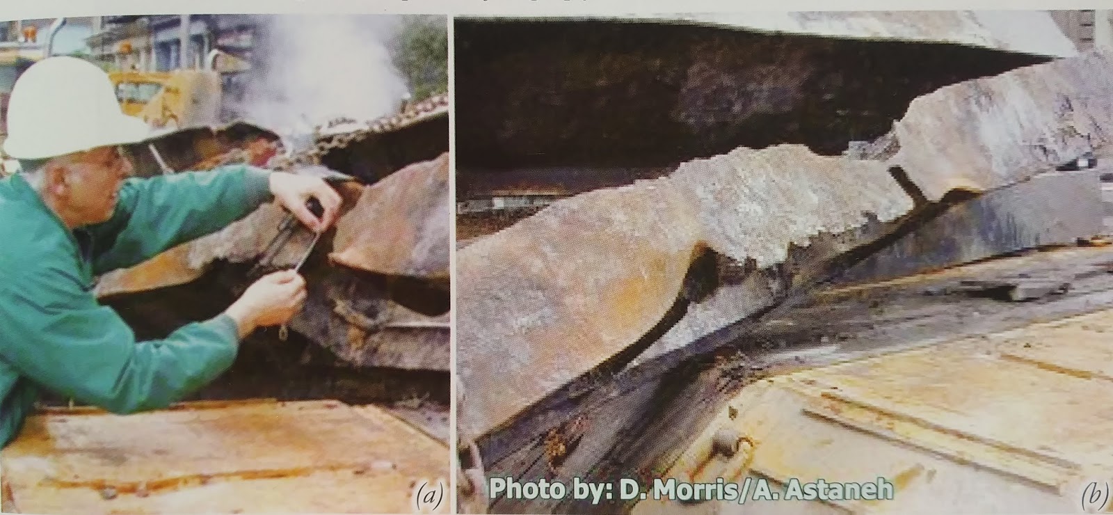 Steel beam showing extreme section loss with curled flanges and no visible slag pile, demonstrating dry erosion and field-mediated material removal