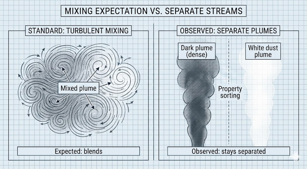 Comparison diagram showing standard turbulent mixing versus heterogeneous aerosol separation, demonstrating property-dependent sorting and DEP-assisted separation