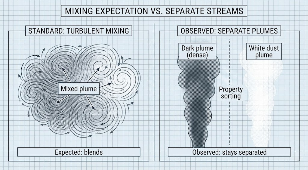 Diagram 41. Comparison diagram showing standard turbulent mixing versus heterogeneous aerosol separation, demonstrating property-dependent sorting and DEP-assisted separation
