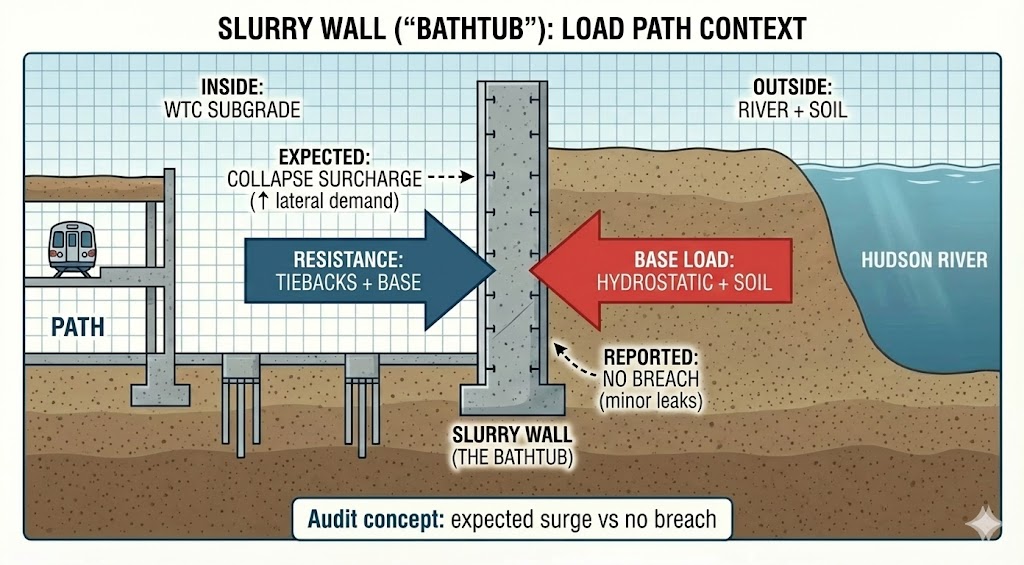 Schematic diagram illustrating slurry wall integrity and the absence of significant structural damage despite massive tower collapse