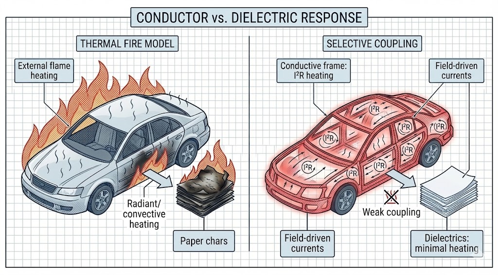 Diagram 24. Comparison diagram showing conductor versus dielectric response, demonstrating energy coupling to metallic lattice via Joule heating while remaining transparent to dielectric polymers