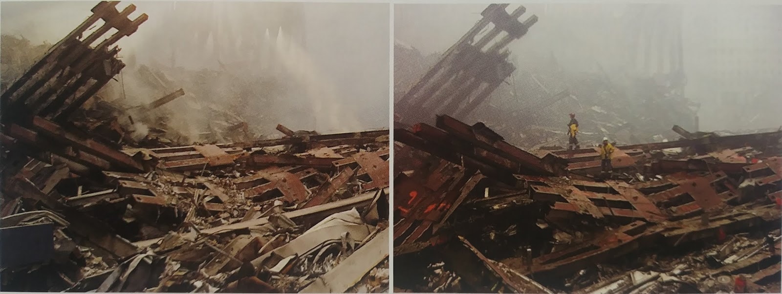 Figure 60. Left: (9/15/01) Dry weather, and the appearance of "steam". Rescue workers walking through debris pile exhibiting athermal aerosol emission, with water sprayed onto smoking zones failing to produce steam explosions.<br>- Photo by FEMA<br>Right: (9/20/01) Wet weather, and no steam'. Oxy-fuel torch hoses draped across rubble without melting or exploding, demonstrating cool fire phenomenon and athermal aerosol emission.<br>- Photo by FEMA