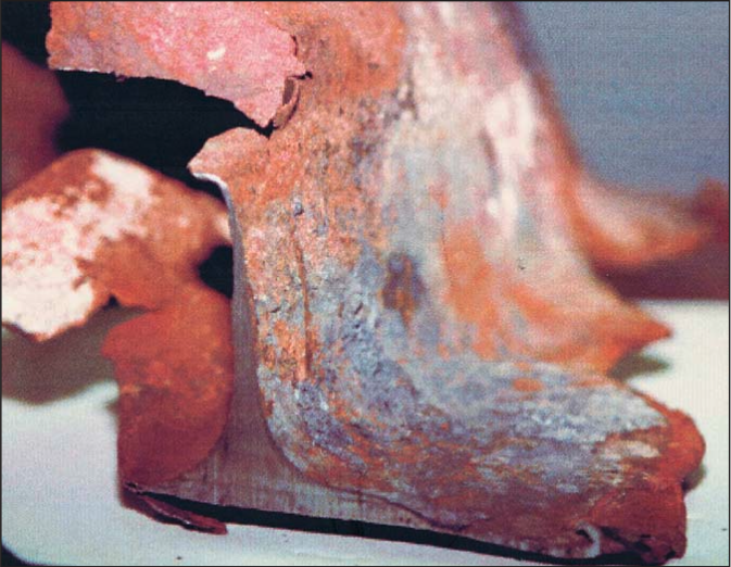 FEMA 403 documentation showing wide-flange steel beam with extreme erosion, flanges thinned to millimetric thickness exhibiting laminar exfoliation