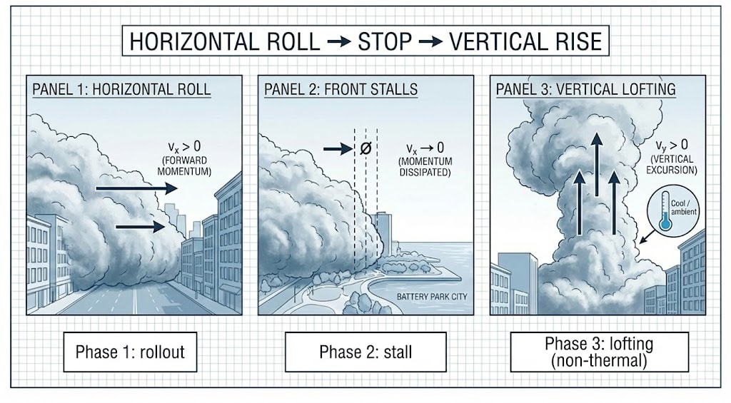 Diagram 40. Analysis diagram showing horizontal rollout stopping and then vertical rise, demonstrating density trap and anomalous vertical volumetric expansion