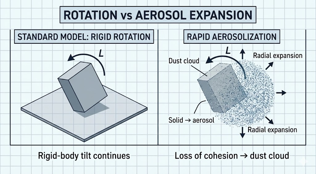 Comparison diagram showing rigid body rotation versus aerosol expansion, demonstrating how tipping section dissolves into expanding dust cloud