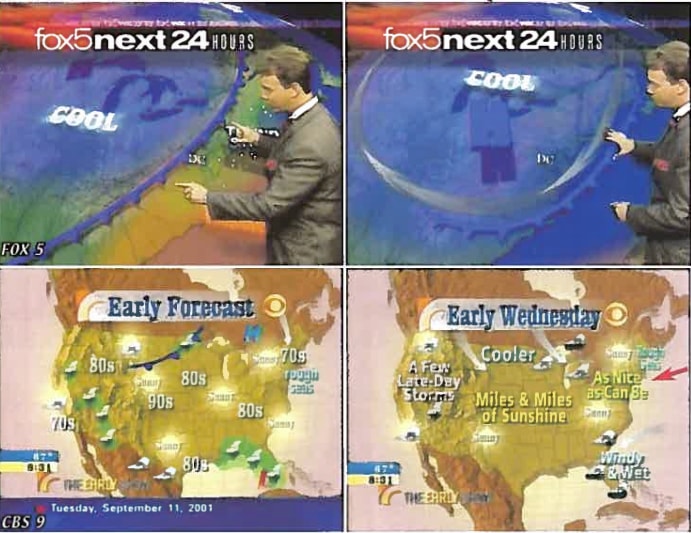 Figure 134. (9/11/01) A National Morning weather report map broadcast on 9/11/01 during 08:31-08:36 AM window. The weather was forecast to be 'As Nice as Can Be', but don't show Hurricane Erin.<br>- Image by Fox News