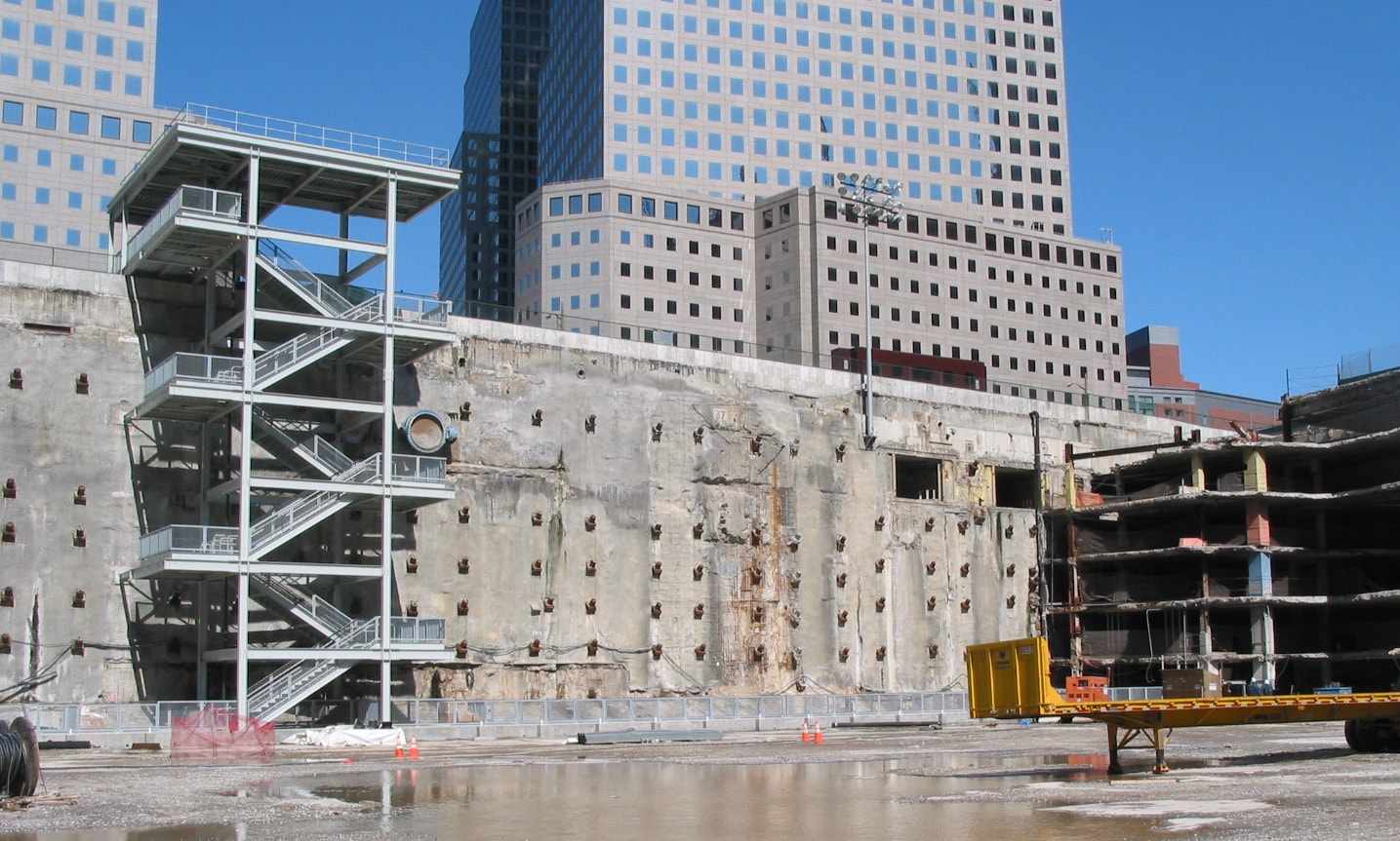 Figure 107. View looking west from center of WTC 1 footprint showing the slurry wall bathtub with no significant structural damage despite two 110 story towers destruction.