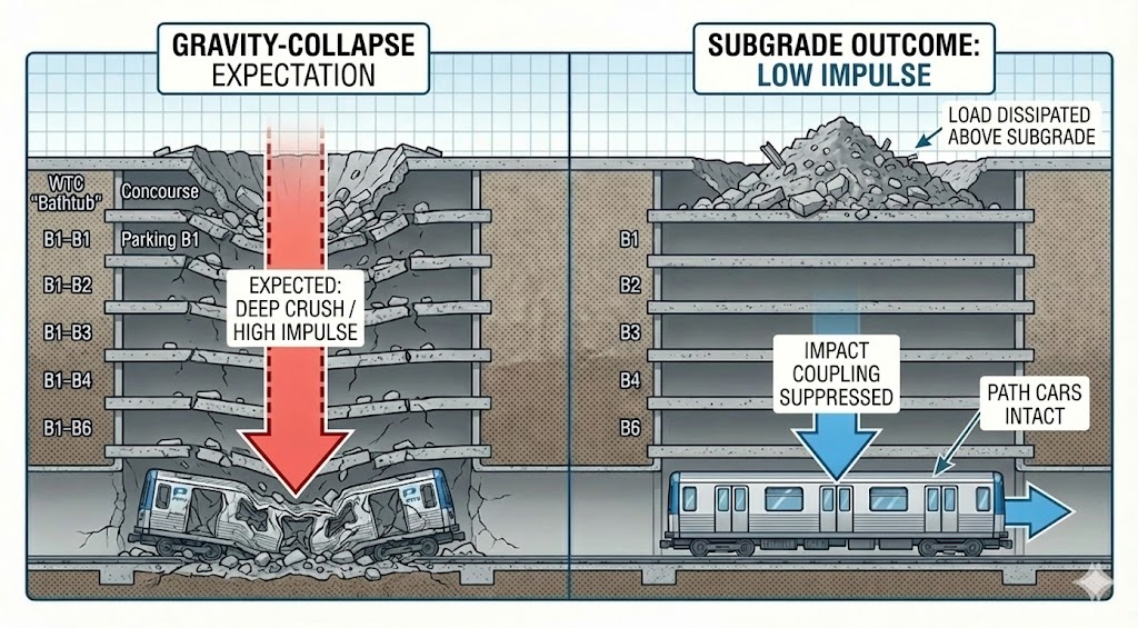 Schematic diagram illustrating subterranean infrastructure preservation and momentum decoupling mechanism