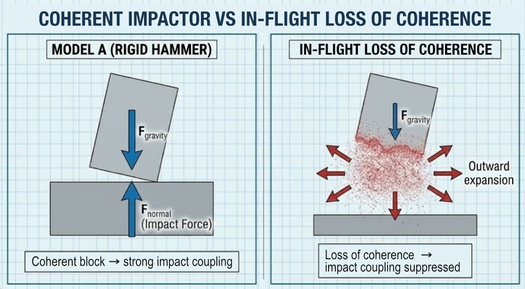 Diagram 1. Kinematic comparison: rigid hammer vs. IMD aerosolization (impact coupling vs. suppressed coupling)