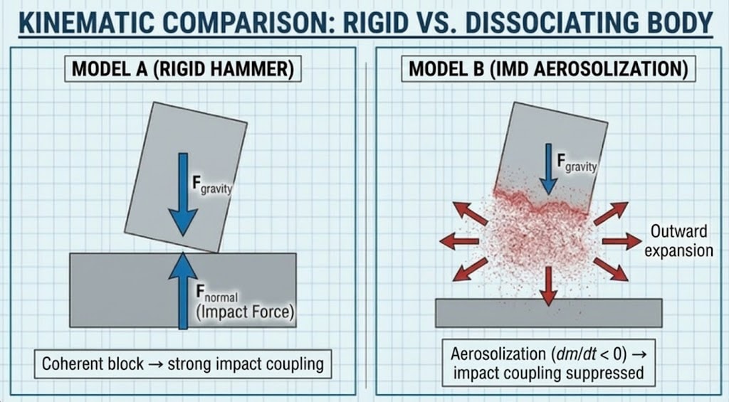 Diagram 1. Kinematic comparison: rigid hammer vs. IMD aerosolization (impact coupling vs. suppressed coupling)