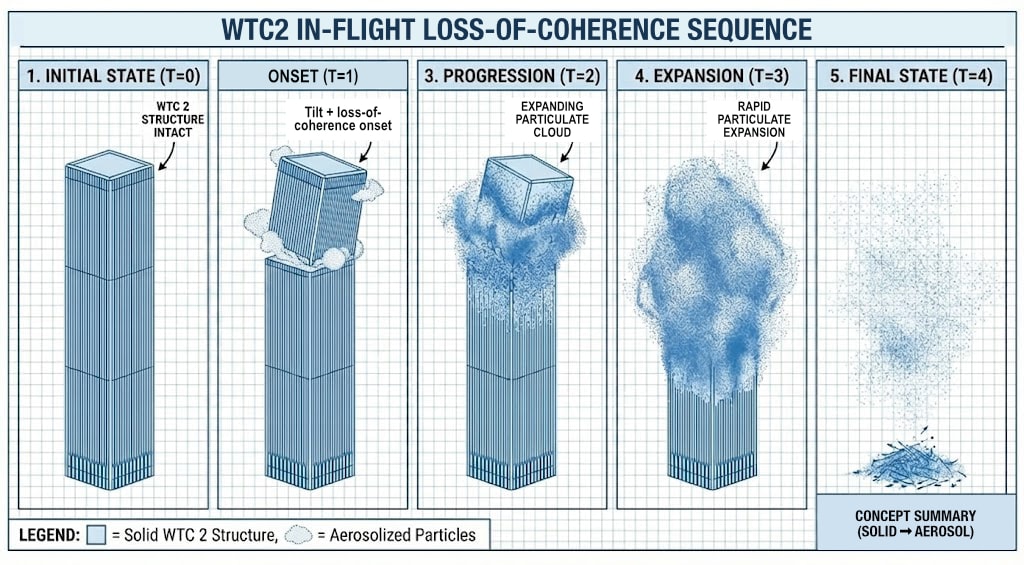 Diagram 2. IMD sequence: WTC 2 aerosolization from intact structure to final aerosol state (T=0 to T=4)