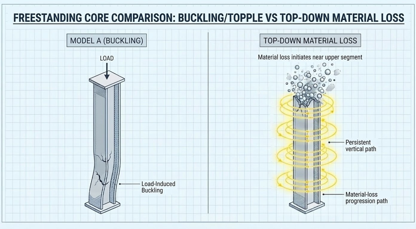 Diagram 3. Freestanding core comparison: ordinary buckling/topple vs apparent top-down material loss