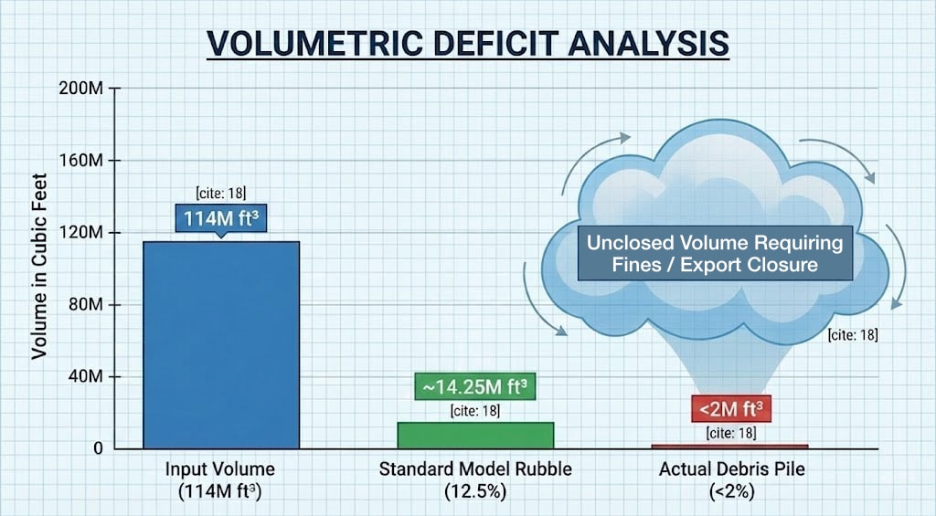 Diagram 3. Volumetric deficit analysis: input volume vs. standard model rubble vs. actual debris pile (missing volume / macroscopic aerosolization)