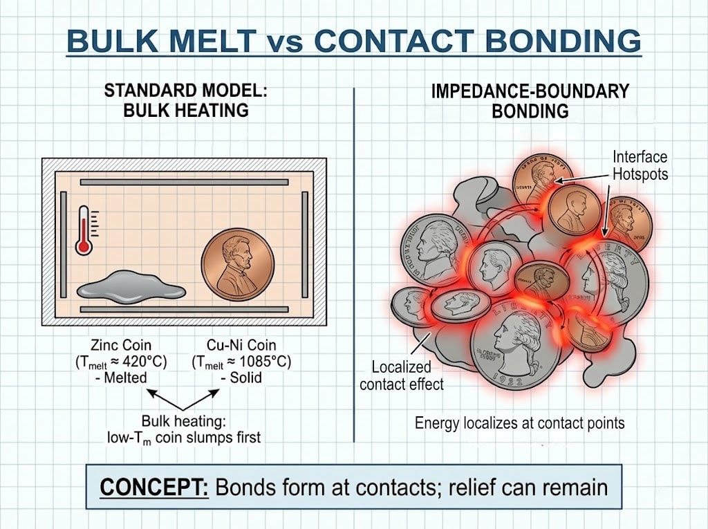 Diagram 15. Bulk melt vs contact bonding: standard model bulk heating (low-T_m coin slumps first) vs observed impedance-boundary bonding (interface hotspots, skin effect); bonds form at contacts, relief can remain