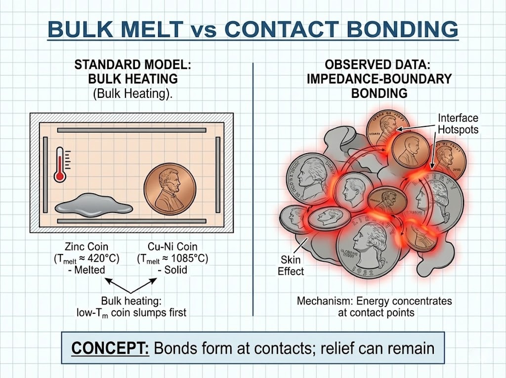 Diagram 15. Bulk melt vs contact bonding: standard model bulk heating (low-T_m coin slumps first) vs observed impedance-boundary bonding (interface hotspots, skin effect); bonds form at contacts, relief can remain