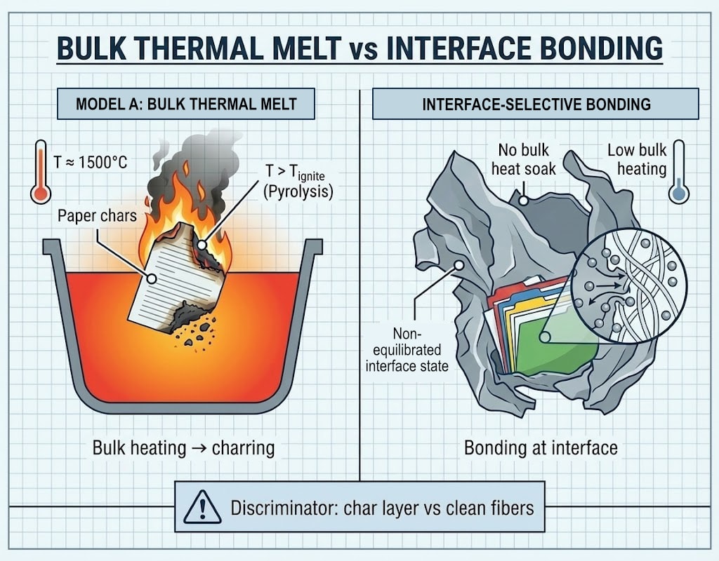 Diagram 14. Bulk thermal melt vs interface bonding: Model A bulk heating (T ≈ 1500°C, paper chars) vs Model B interface-selective bonding (athermal state, no bulk heat soak); discriminator: char layer vs clean fibers