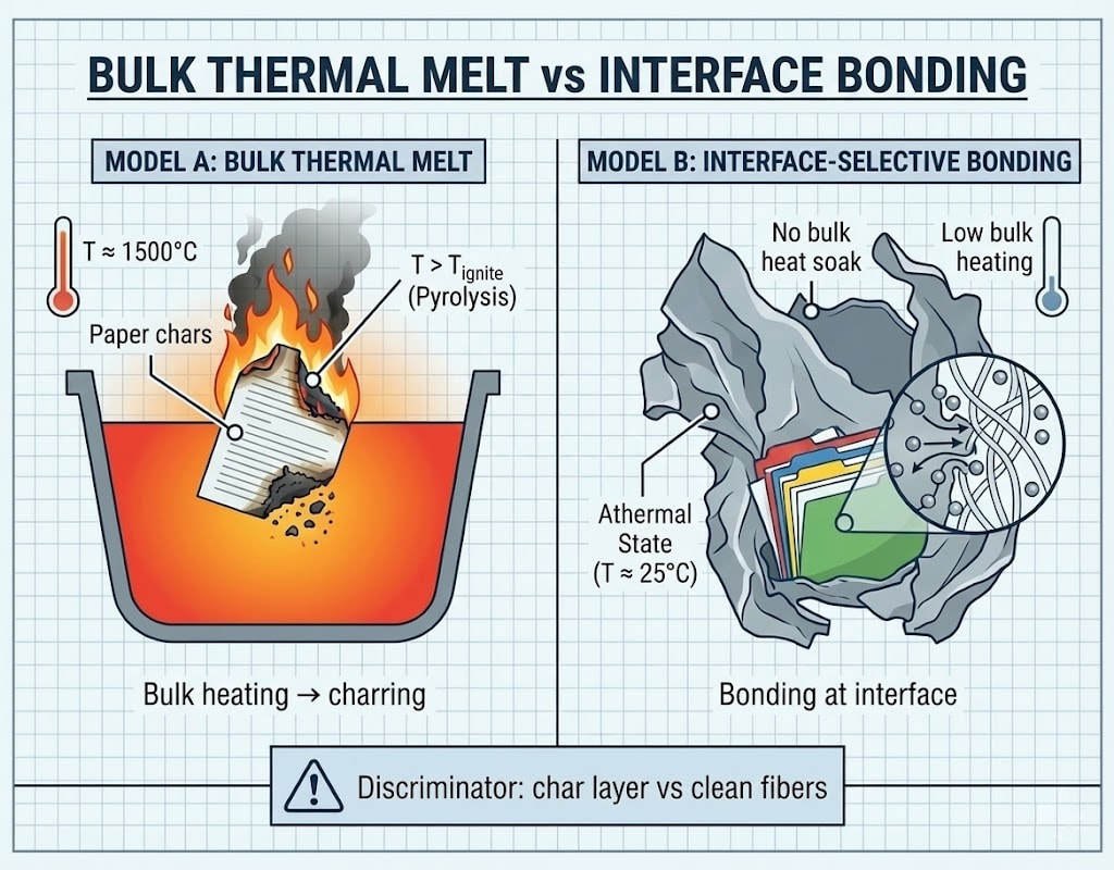 Diagram 14. Bulk thermal melt vs interface bonding: Model A bulk heating (T ≈ 1500°C, paper chars) vs Model B interface-selective bonding (athermal state, no bulk heat soak); discriminator: char layer vs clean fibers