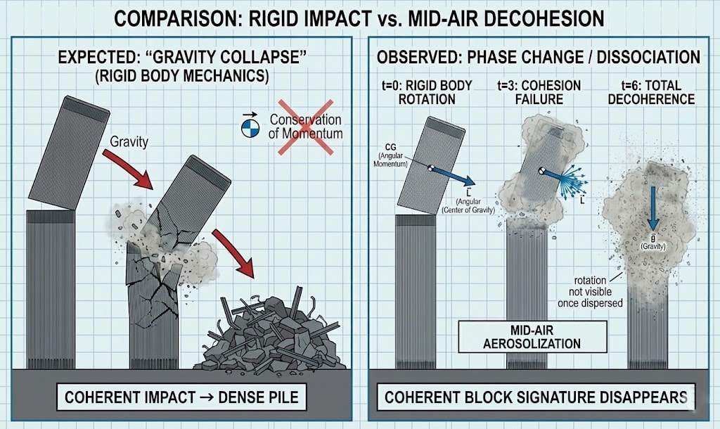 Diagram 10. Comparison: rigid impact (gravity collapse → coherent impact → dense pile) vs. observed phase change / dissociation (mid-air decohesion → coherent block signature disappears)