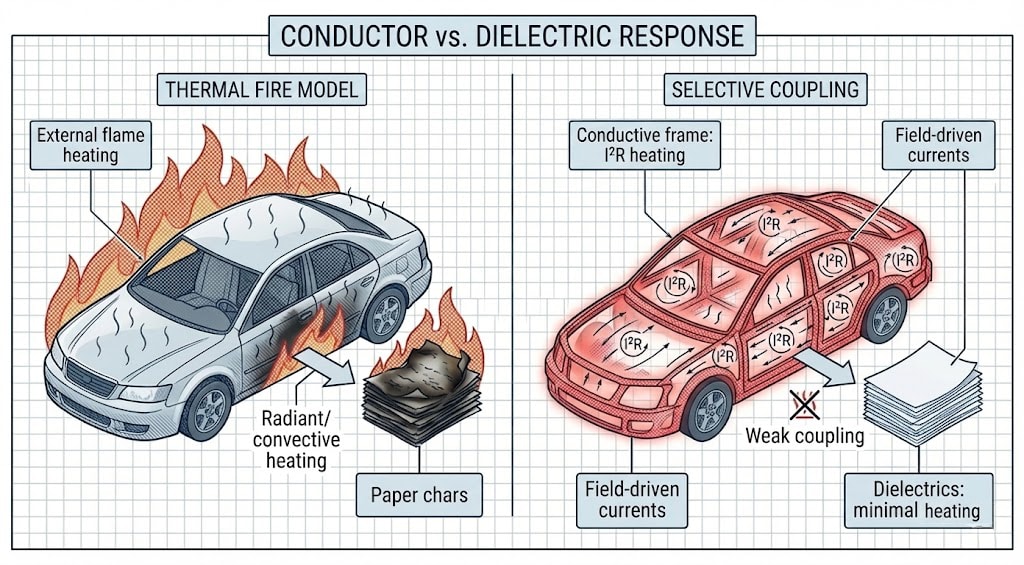 Diagram 21. Conductor vs dielectric response: thermal fire model (external flame, paper chars) vs selective coupling (field-driven currents, conductive frame I²R heating; dielectrics minimal heating, weak coupling)
