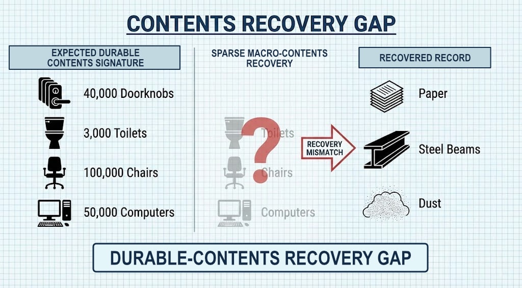 Diagram 13. Contents recovery gap: expected durable contents versus sparse macro-recovery and recovered dust/paper/steel.