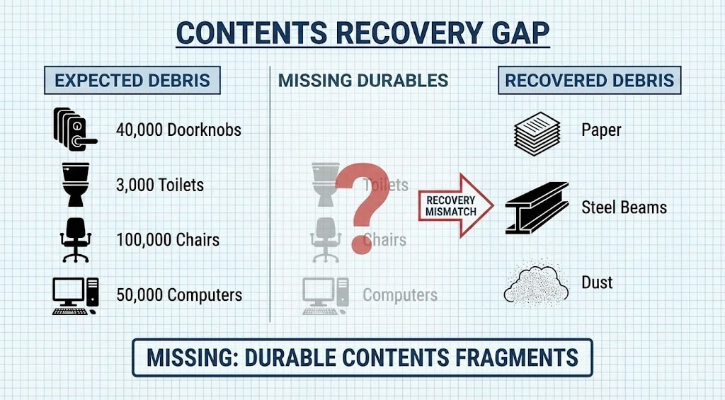 Diagram 13. Contents recovery gap: expected debris (doorknobs, toilets, chairs, computers) vs. missing durables vs. recovered debris (paper, steel beams, dust)
