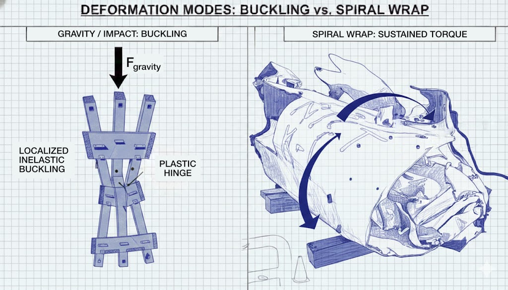 Diagram 16. Deformation modes: gravity/impact buckling (localized hinge, plastic hinge) vs spiral wrap (sustained torque τ, continuous curvature; needs sustained lateral torque τ ⊥ g)