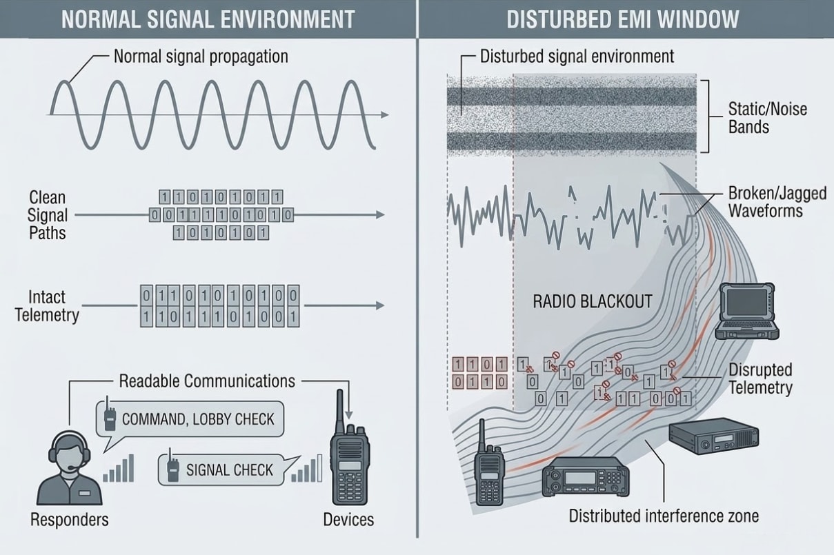 Diagram 8. Electromagnetic interference: normal signal propagation vs disturbed field environment with broadband signal corruption, radio blackout, and disrupted telemetry during the pre-collapse disturbance window