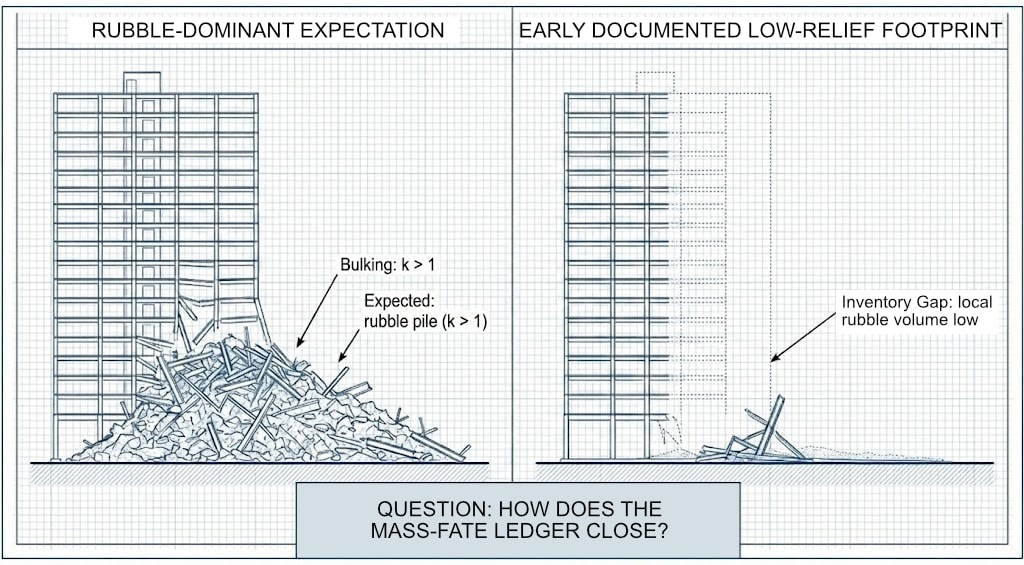 Diagram 12. Expected gravity-collapse debris versus documented low-relief footprint for subsidiary WTC structures.