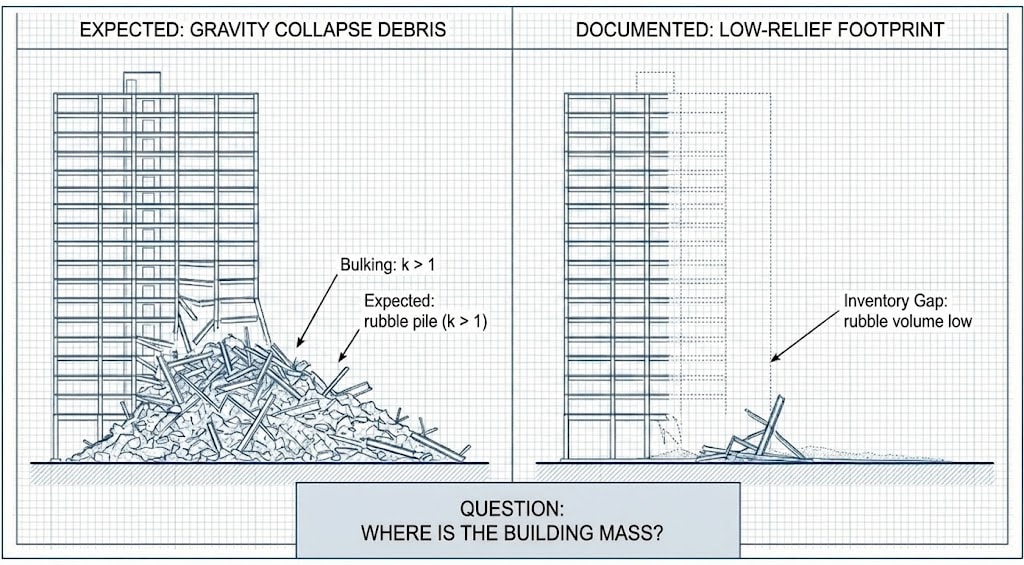 Diagram 12. Expected: gravity collapse debris (bulking k > 1, expected rubble pile) vs documented: low-relief footprint (inventory gap: rubble volume low); question: where is the building mass?