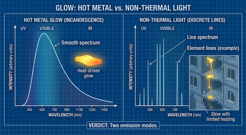 Diagram 23. Glow: hot metal (incandescence—smooth spectrum, heat-driven) vs non-thermal light (discrete line spectrum, element lines; glow with limited heating); verdict: two emission modes