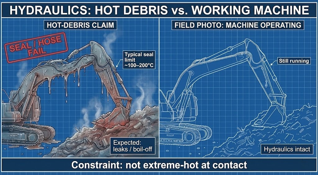 Diagram 25. Hydraulics: hot-debris claim (seal/hose fail, typical seal limit ~100–200°C, expected leaks/boil-off) vs field photo—machine operating, hydraulics intact; constraint: not extreme-hot at contact