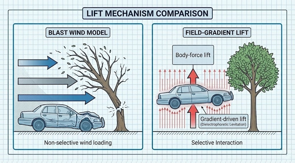 Diagram 22. Lift mechanism comparison: blast wind model (non-selective wind loading, car and tree damaged) vs field-gradient lift (gradient-driven lift / dielectrophoretic levitation, body-force lift; selective interaction, tree intact)