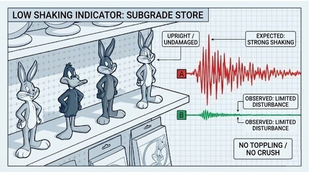Diagram 47. Low shaking indicator: subgrade store—shelf figurines upright/undamaged; expected strong shaking vs observed limited disturbance; no toppling / no crush