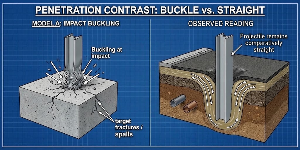 Diagram 19. Penetration contrast: Model A impact buckling (column buckles, target fractures/spalls) vs Model B straight penetration (column stays straight, target displaced); key contrast: target breaks, column stays straight