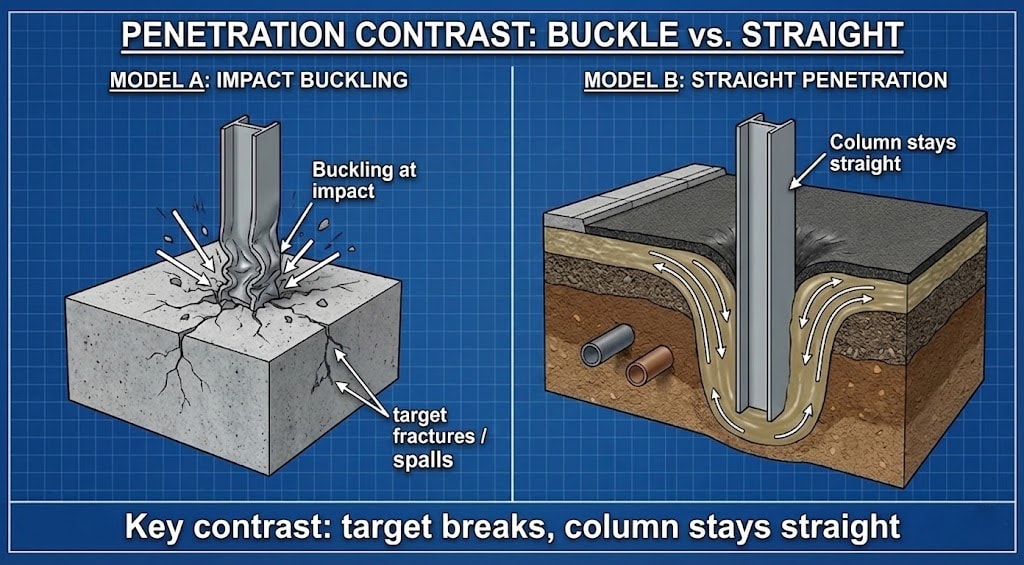Diagram 19. Penetration contrast: Model A impact buckling (column buckles, target fractures/spalls) vs Model B straight penetration (column stays straight, target displaced); key contrast: target breaks, column stays straight