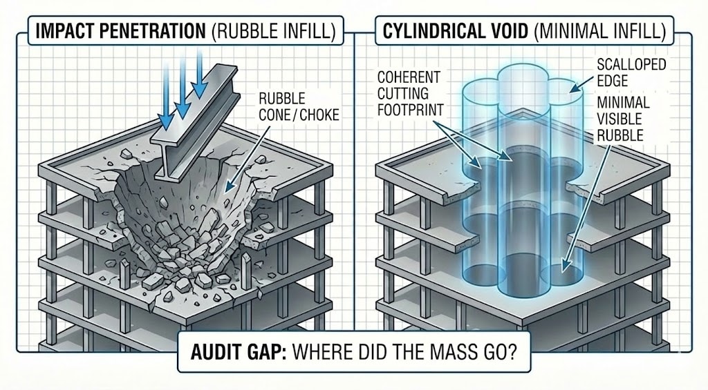 Diagram 42. Impact penetration (rubble infill)—rubble cone/choke, debris fills crater—vs cylindrical void (minimal infill)—coherent cutting footprint, scalloped edge, minimal visible rubble; audit gap: where did the mass go?