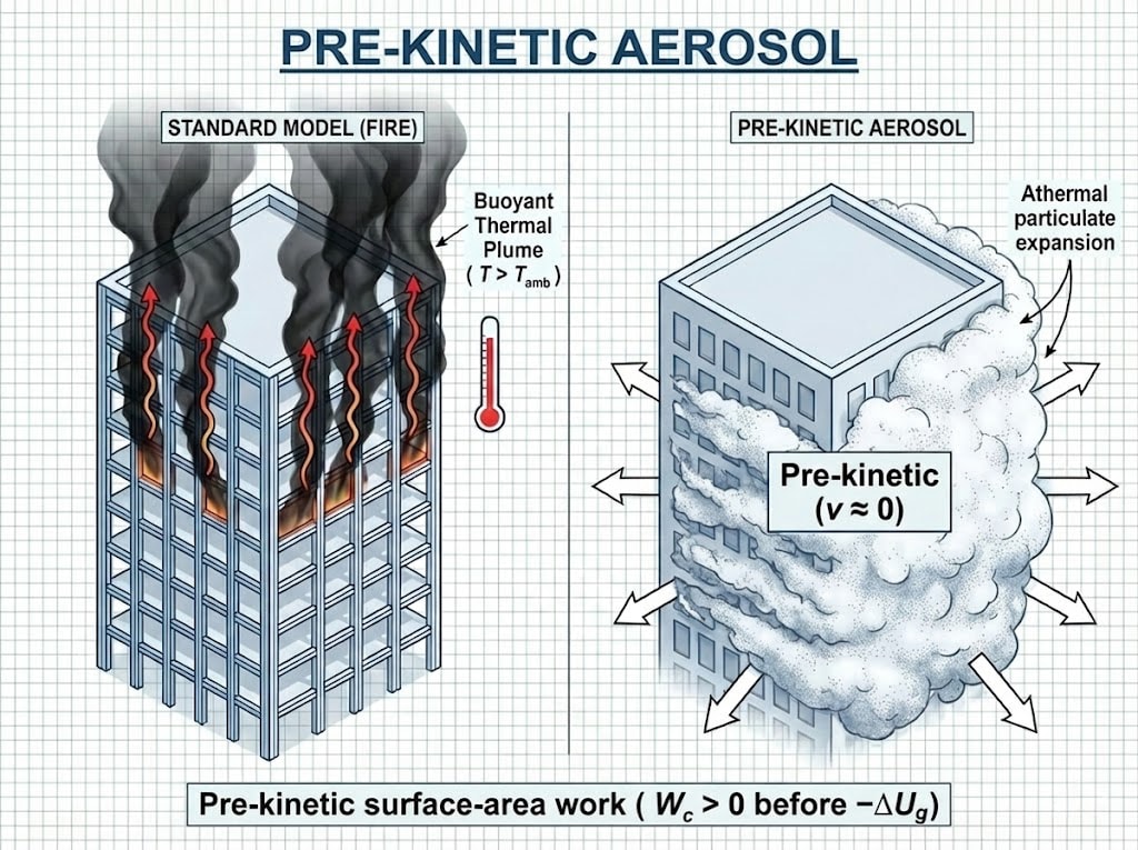 Diagram 6. Pre-kinetic aerosol: standard model (fire / buoyant thermal plume) vs. athermal particulate expansion with v ≈ 0