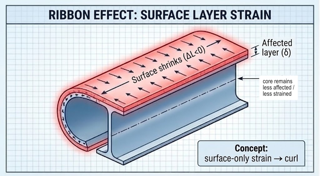 Diagram 18. Ribbon effect: surface layer strain—affected layer (δ) shrinks (ΔL<0), core stays cooler/less strained; surface-only strain → curl