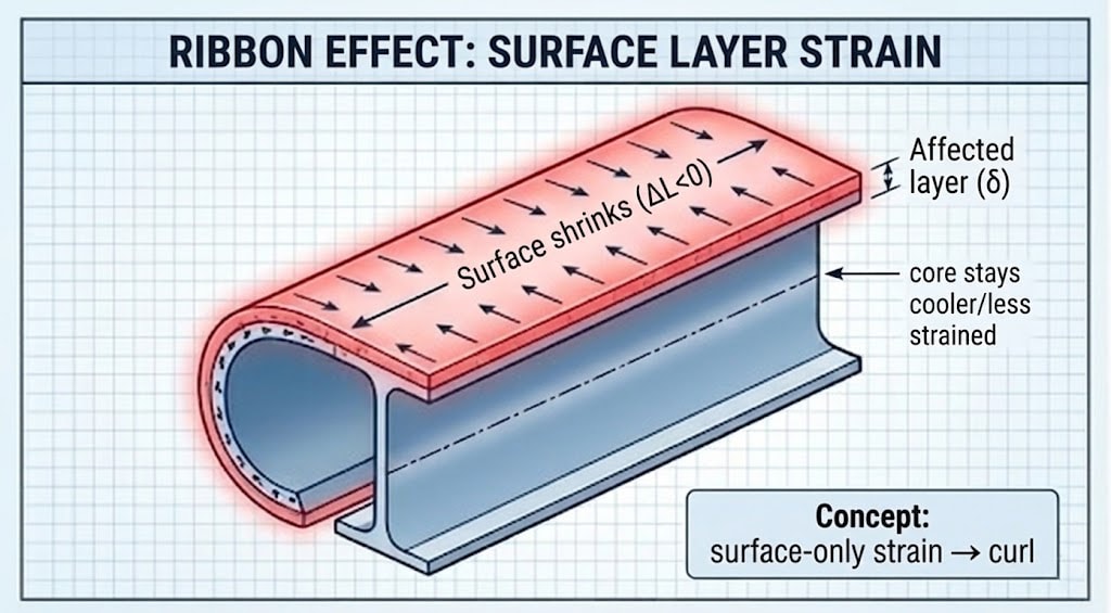 Diagram 18. Ribbon effect: surface layer strain—affected layer (δ) shrinks (ΔL<0), core stays cooler/less strained; surface-only strain → curl