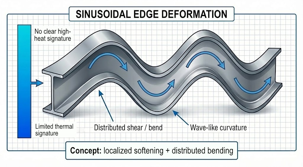 Diagram 44. Sinusoidal edge deformation: I-beam with wave-like curvature; no clear high-heat signature (low temp); distributed shear/bend; concept: localized softening + distributed bending