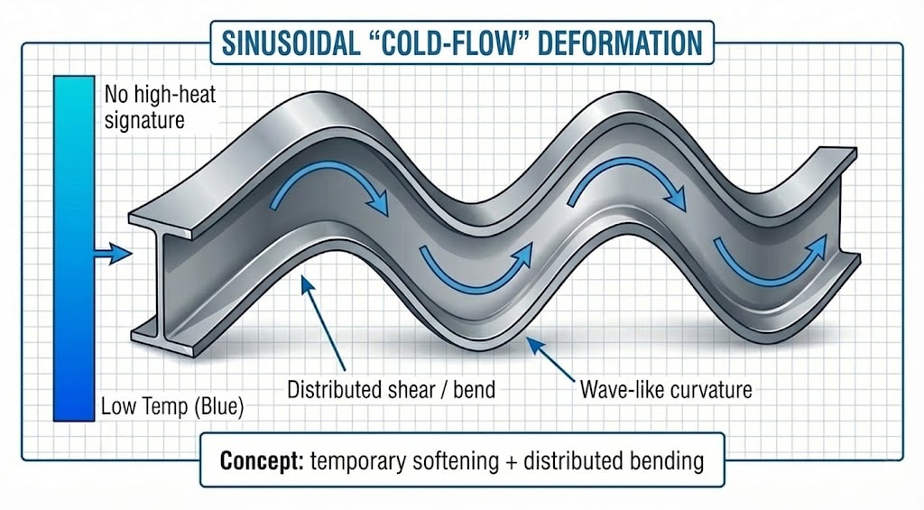 Diagram 44. Sinusoidal cold-flow deformation: I-beam with wave-like curvature; no high-heat signature (low temp); distributed shear/bend; concept: temporary softening + distributed bending