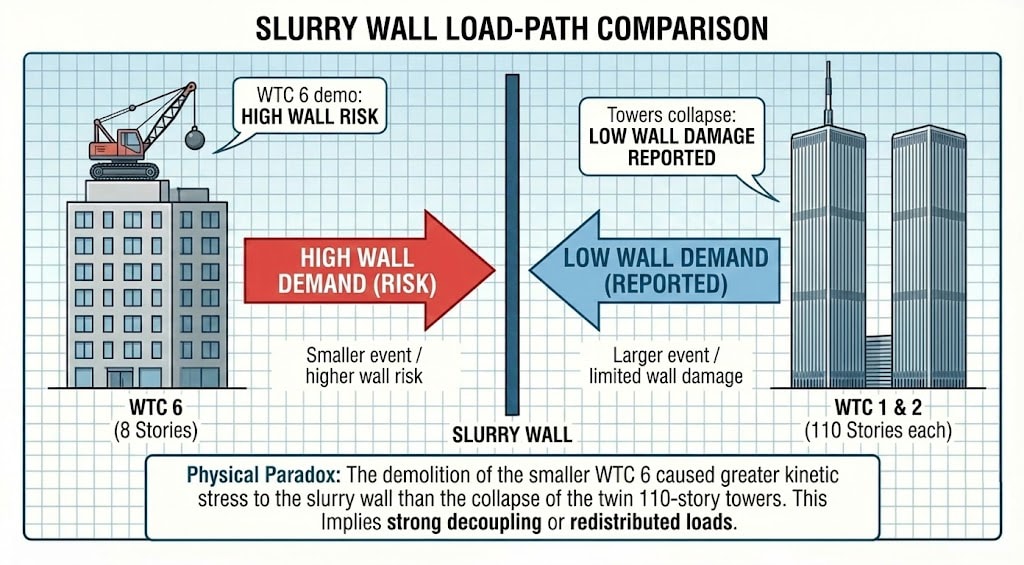 Diagram 48. Slurry wall load-path comparison: WTC 6 demo—high wall demand (risk); smaller event / higher wall risk vs towers collapse—low wall demand (reported); larger event / limited wall damage; physical paradox: decoupling or redistributed loads
