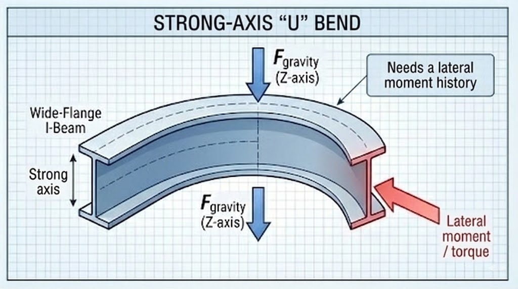 Diagram 17. Strong-axis U bend: I-beam bent around vertical strong axis with F_gravity (Z) and lateral moment/torque; needs a lateral moment history
